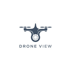 Professional drone silhouette with camera shutter lens icon for aerial photography or videography service logo identity of DRONE VIEW