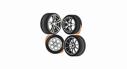Four diverse vehicle wheels, two with orange accents, displayed against a white background