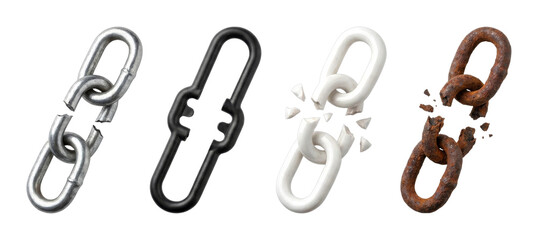 Obraz premium Four distinct broken chains, including metal, black, white, and rusty, are presented as a powerful visual metaphor for concepts of weakness, freedom, and decay.