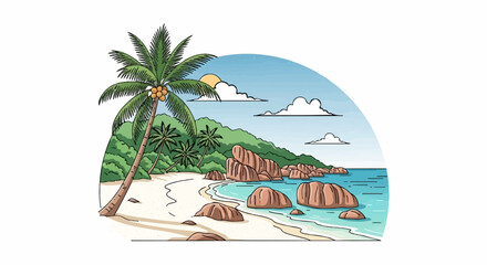 Obraz premium A vibrant illustration of a tropical beach scene with palm trees, rocky outcrops, and a clear blue ocean