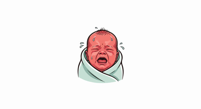 A red-faced, crying baby is wrapped in a light blue swaddling cloth, sweating