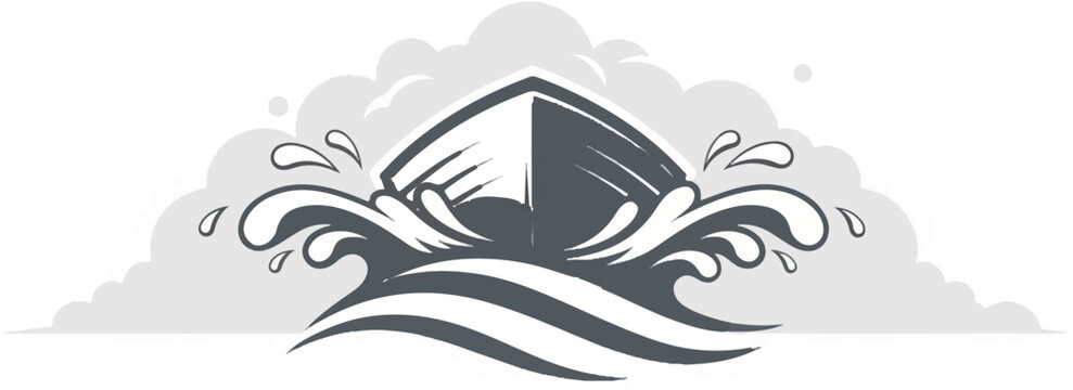 Stylized boat bow cutting through dramatic waves under a cloudy sky