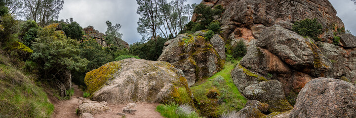 Panorama Of Trail Through Large Mossy Boulders Of Bear Gulch