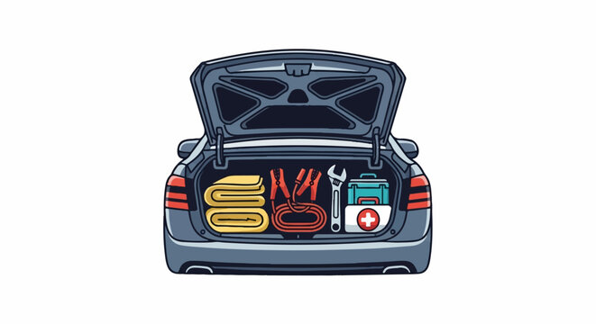 A car trunk filled with emergency and repair supplies, including jumper cables, a wrench, and a first aid kit