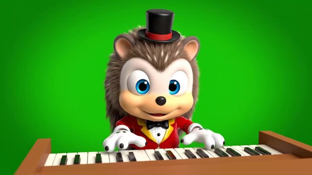 A cartoon hedgehog wearing a top hat plays a piano against a green background