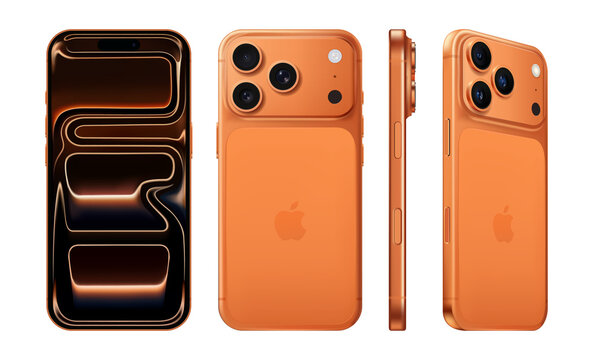 Set of Smart Phone iPhone 17 Pro in cosmic orange color, on transparent background, high resolution. The iPhone 17 Pro and iPhone 17 Pro Max are smartphones developed and marketed by Apple Inc.