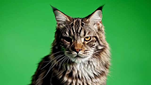 Cat with Long Fur and Pointed Ears Looking Directly at the Camera on a Green Background
