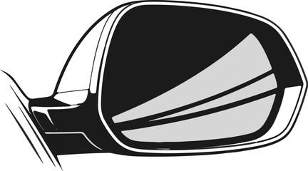 Stylized illustration of a car's side mirror, showing reflection