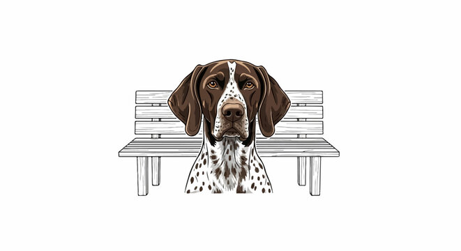 Brown and white spotted dog with large floppy ears sits in front of a wooden park bench