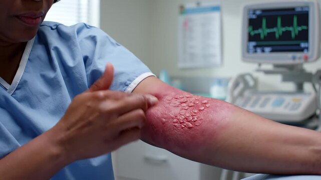 Medical professional examining severe red skin burn on patient's arm in hospital