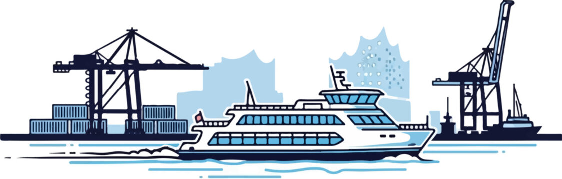 Cargo cranes and a ferry boat navigate a busy harbor with urban silhouettes in the background