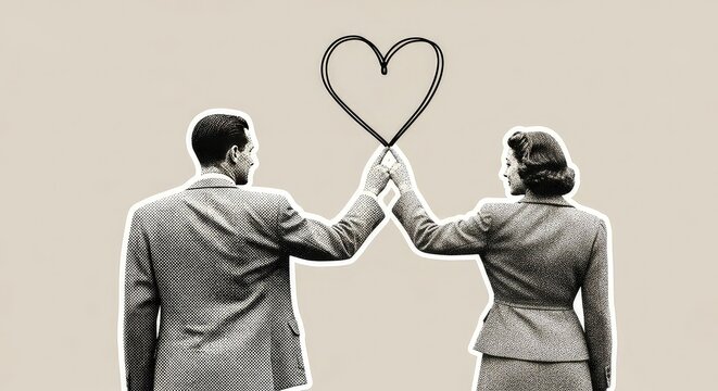 Retro elegance with a touch of romance Vintage couple holding a heart shape in a stylish romantic fashion setting