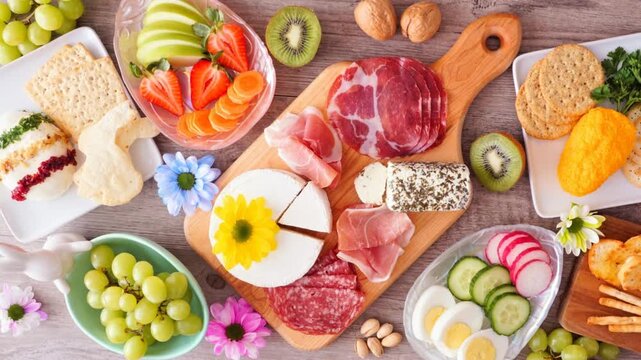 Spring or Easter theme charcuterie table scene against a wood background. Slow rotating zoom motion. Variety of cheese, meat, fruit and vegetable appetizers. Top view.