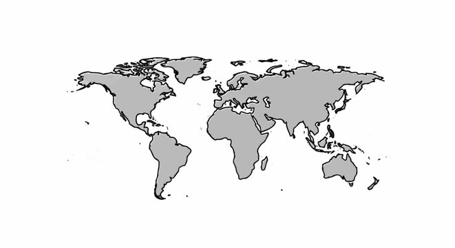 A simplified world map illustration with gray continents and black borders