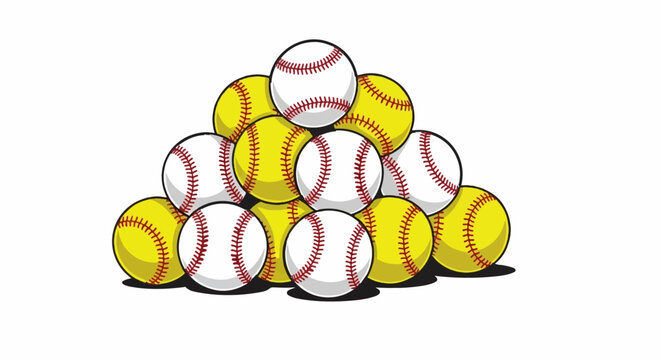 A pyramid-shaped pile of baseballs and softballs