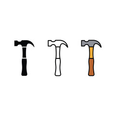 Three hammer illustrations black white outline and color rendition