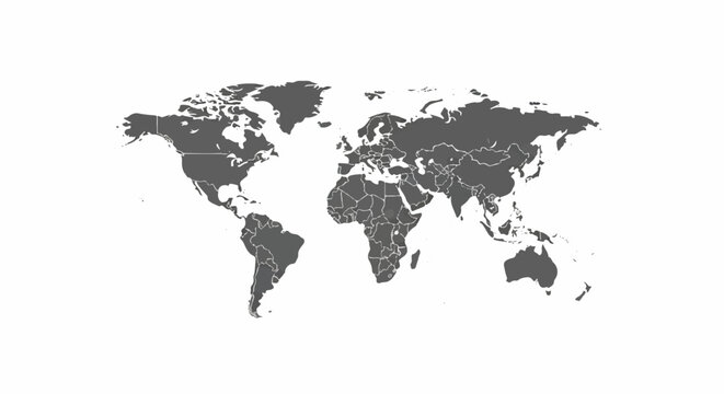 A simplified world map illustration with continents in dark gray and country borders in a lighter shade