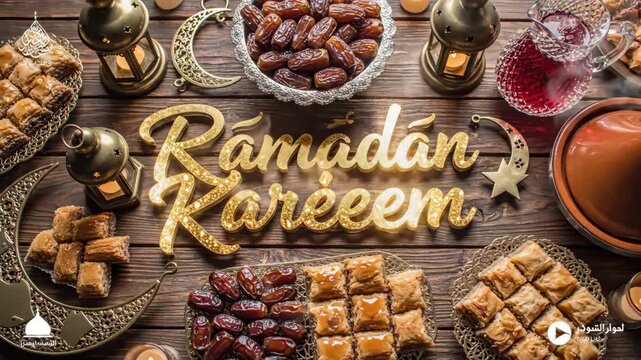 Celebrating Ramadan Kareem with a luxury flat lay featuring dates, lanterns, and traditional sweets on a wooden table