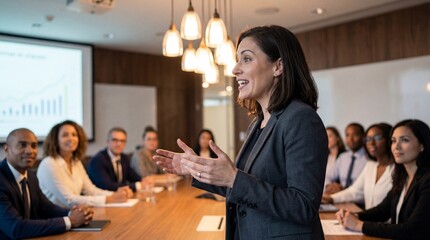 Fototapeta premium Female leader giving presentation in boardroom, professional business woman speaking at meeting, corporate leadership, office workshop, team briefing, executive coaching, group discussion.