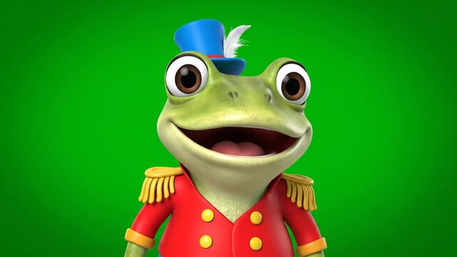 A cheerful cartoon frog in a red military uniform with gold accents and a blue hat standing against a green background