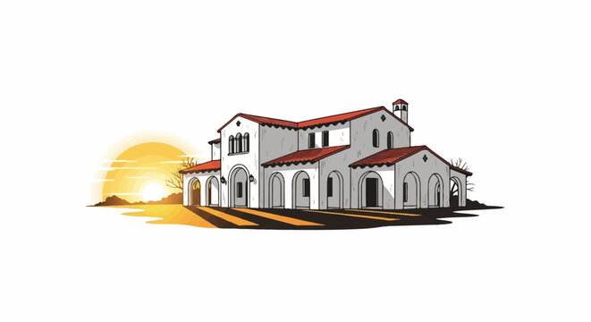 Spanish-style villa with red-tiled roof, arched walkways, and a vibrant sunset backdrop