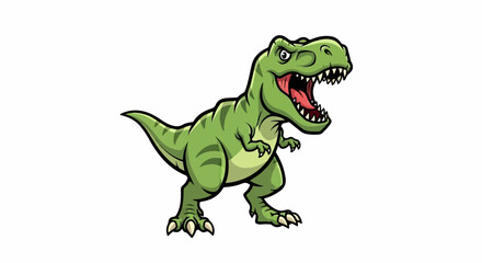 Obraz premium A cartoon green dinosaur with its mouth open and sharp teeth showing, posed on white