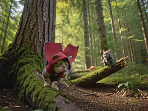 Cat Poised On A Mossy Tree Branch, Then Leaping Agilely From Tree To Tree Through A Lush Green Forest, Comically Battling Whimsical Forest Monsters With A Tiny Bow