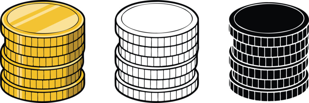 Stack of Coins silhouette & Outline and illustration set isolated on transparent background