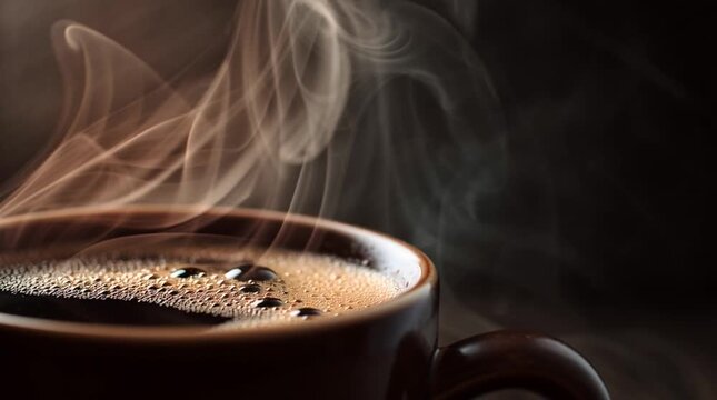 Close-up of a coffee cup with thick steam rising, liquid surface subtly vibrating. Warmth and aroma implied through texture, light, and intimate macro detail.
