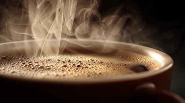 Close-up of a coffee cup with thick steam rising, liquid surface subtly vibrating. Warmth and aroma implied through texture, light, and intimate macro detail.

