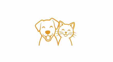 Fototapeta premium Whimsical orange line art depicts a smiling dog and cat side-by-side on a white background