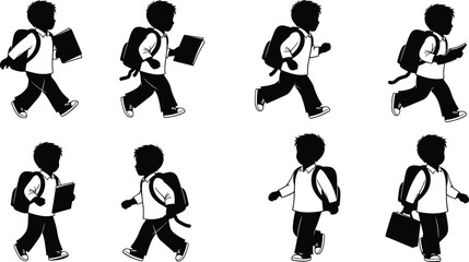 Obraz premium Student silhouette illustration, black vector design, walking child pose, backpack figure, school commute, educational theme, casual motion, learning concept, youth icon