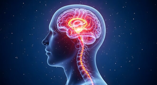 A glowing human brain and nervous system in profile view, showcasing interconnected network of neural activity
