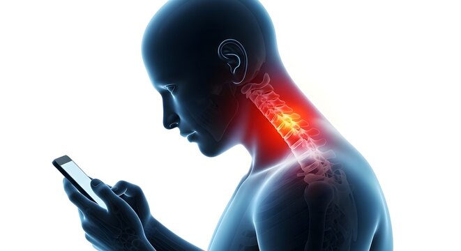 A 3D rendering of a human head and neck showing text neck syndrome with cervical spine highlighted in red