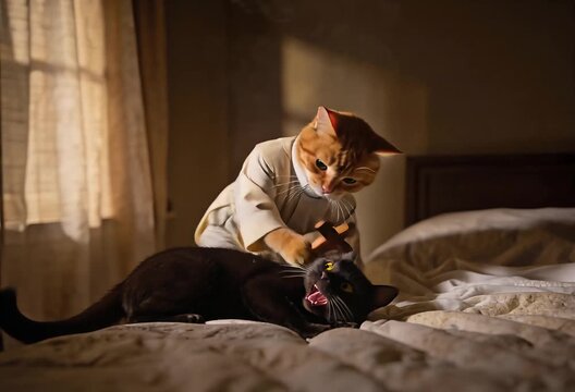 Cat who is being a priest and performing an exorcism ritual with excessive movements suddenly the sleeping cat wakes up struggling and attacks the priest's cat until a fight occurs