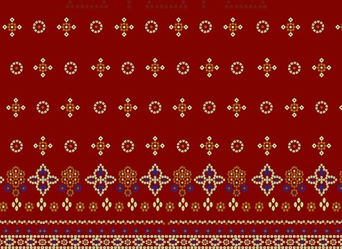 Vibrant Red Indian Bandhani Inspired Pattern with Geometric Symbols and Decorative Borders, Traditional Textile Design