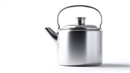 Obraz premium shiny stainless steel camping kettle with lid and handle, isolated on white background, minimal outdoor gear product shot
