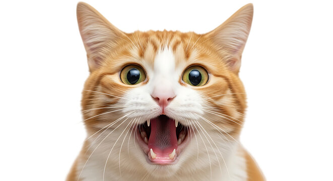 Crazy surprised cat close up cut out on PNG, isolated transparent background, funny shocked expression. AI generated.
