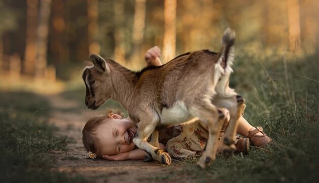 Child And A Young Goat Playing Together In A Sunlit Meadow, The Child Hugging, Rolling In The Grass, And Laughing As The Goat Joyfully Bounces Around; Warm Golden-Hour Lighting