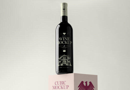 Wine Bottle Standing on Cubic Mockup