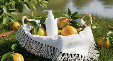 mockup of a bottle in a Fresh Fruit Basket with Natural Ingredients Outdoors