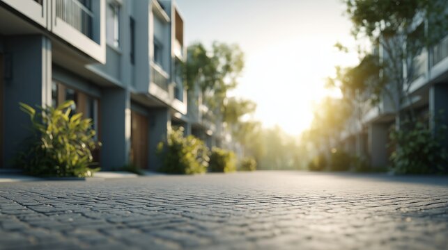 Morning sunlight shines on a quiet street lined with modern homes and greenery in a residential area