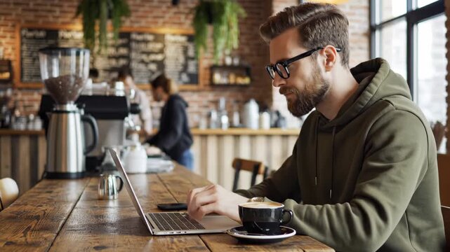 Bearded man with glasses working on a laptop in a coffee shop. Young freelancer typing and thinking at a cafe table. Remote work and digital nomad lifestyle concept