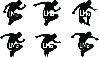 LMG jumping silhouette poses, black athletic movement illustration, branded action figure art, energetic leap concept, sports logo design