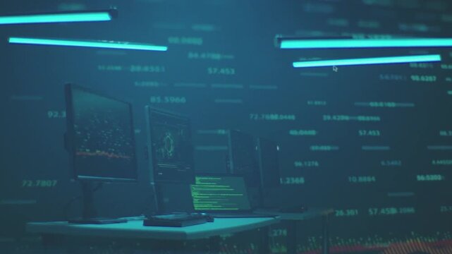 High-tech computer setup displaying data analytics