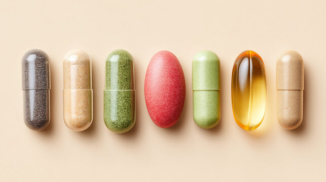 Top view of various vitamins and dietary supplements in capsules, tablets and soft gel pills neatly arranged. Concept of nutrition, health and active lifestyle.