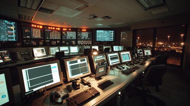 Control room with indicator lights blinking softly, no operators present. Emphasis on system autonomy, automated monitoring, and modern infrastructure functioning independently.
