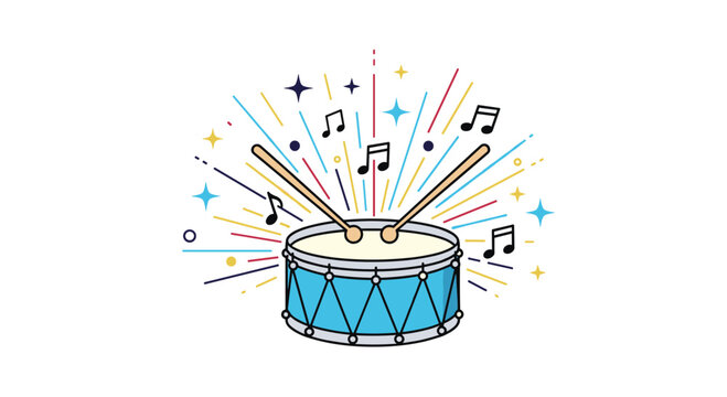 Blue snare drum with drumsticks hitting the surface surrounded by colorful musical notes, stars, and explosive rays.
