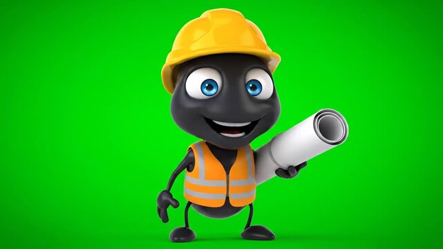 Friendly cartoon construction character wearing a yellow helmet and reflective vest holding a blueprint on a vibrant green background