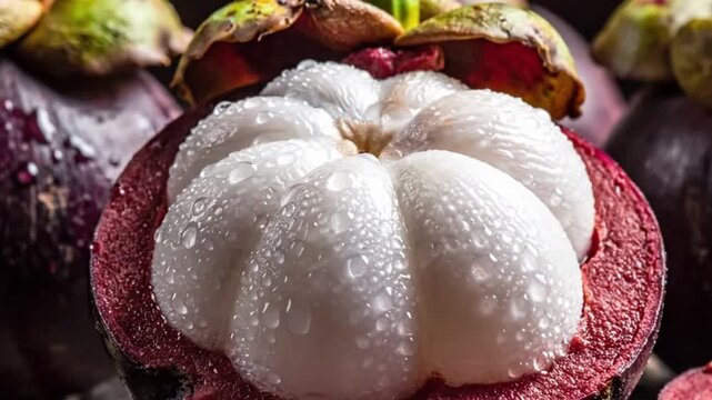 Closeup of sliced mangosteen white segments with water droplets burgundy rind and surrounding whole mangosteens